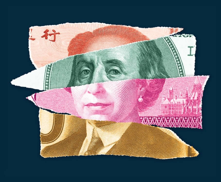 Collage of torn banknote strips in coral, green, pink and gold, each showing part of a portrait, on a dark navy background